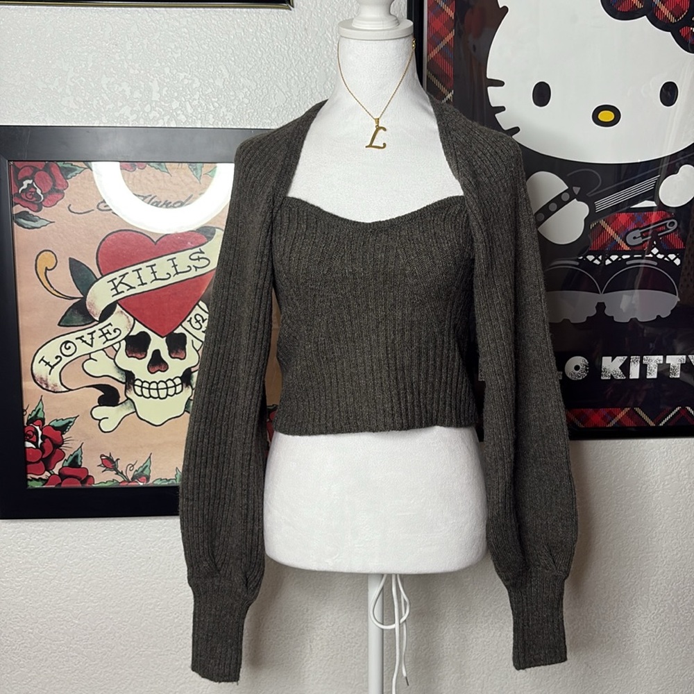 Hyfve Charcoal Grey Knitted Sleeveless Crop Top Bolero Shrug Set Fall Outerwear